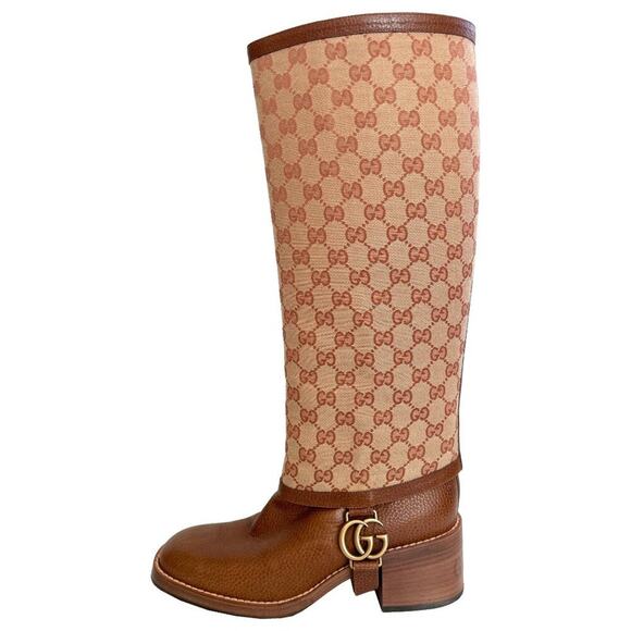 Gucci T-Original GG Canvas Riding Boots Brown Leather Monogram Size 39 EU / 9 US - Picture 1 of 10